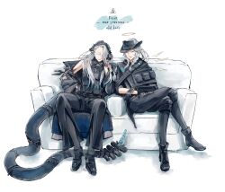  2girls absurdres arknights bare_shoulders braid capelet closed_eyes couch cowboy_hat detached_wings grey_eyes grey_hair halo hat helmet highres long_hair mantra_(arknights) multiple_girls old old_woman on_couch outcast_(arknights) pants pointy_ears ponytail rhodes_island_uniform ryokutya_bantya smile snake_tail tail turtleneck white_background wings wrinkled_skin 