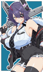  1girl absurdres black_gloves black_jacket black_skirt black_thighhighs blue_background breast_pocket breasts checkered_necktie collared_shirt commentary_request cowboy_shot daiichi_(k_daiiti) dress_shirt fur-trimmed_jacket fur_trim gloves grin headgear highres jacket kantai_collection large_breasts looking_at_viewer necktie orange_eyes partially_fingerless_gloves pocket shirt short_hair skirt smile solo sword tenryuu_(kancolle) tenryuu_kai_ni_(kancolle) thigh-highs v-shaped_eyebrows violet_eyes weapon white_shirt 