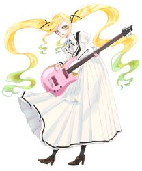  1girl black_pantyhose black_ribbon blonde_hair brown_shoes collared_shirt commentary_request electric_guitar food frilled_shirt frills fruit guitar hair_ribbon high_heels highres holding holding_guitar holding_instrument instrument jacket leaning_to_the_side lemon lemon_slice long_hair mimo_mimo_t pantyhose parted_lips pleated_skirt ribbon rock_wa_lady_no_tashinami_deshite shirt shoes simple_background skirt solo suzunomiya_lilisa very_long_hair wavy_hair wavy_sidelocks white_background white_jacket white_shirt white_skirt yellow_eyes 