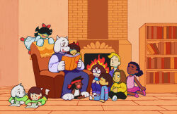  3boys 3girls 5others alternate_skin_color alternate_species aqua_(deltarune) asriel_dreemurr blorp-o blue_(deltarune) blush book bookshelf brown_hair chara_(undertale) child colored_skin dark-skinned_female dark-skinned_male dark_skin darkened_skin deltarune drawing_(action) drawing_(object) dress fake_horns fireplace frisk_(undertale) glasses goat_boy goat_girl green_(deltarune) highres holding holding_book horns house indoors kris_(deltarune) lightened_skin mother_and_child mother_and_son multiple_boys multiple_girls multiple_others orange_(deltarune) paper parent_and_child pink_skirt reading red_horns red_ribbon ribbon seth_(deltarune) shirt skirt striped_clothes striped_shirt toriel undertale utdr_(toby_fox) white_dress yellow_(deltarune) yellow_skin 