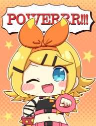  1girl :3 :d ;3 ;d blue_eyes blush_stickers bow_hairband chibi chibi_only clenched_hand commentary_request crop_top fang hair_ornament hairband hairclip halftone halftone_background highres kagamine_rin looking_at_viewer midriff navel nukotun one_eye_closed open_mouth orange_background orange_hairband outline parallel_hairclips smile solo spiked_cuffs star_(symbol) upper_body vocaloid white_outline 