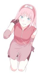  1girl absurdres aqua_eyes bike_shorts bike_shorts_under_skirt black_gloves breasts facial_mark forehead_mark forehead_protector from_above gloves hairband haruno_sakura highres jungeoljungeol konohagakure_symbol long_hair looking_at_viewer medium_breasts naruto_(series) naruto_shippuuden official_alternate_hairstyle pink_hair red_hairband sitting sleeveless sleeveless_jacket smile solo 