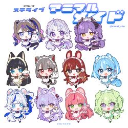  6+girls ahoge airi_kanna akane_lize animal_ears aokumo_rin apron arahashi_tabi ayatsuno_yuni black_dress black_hair black_shoes black_socks blonde_hair blue_dress blue_eyes blue_hair bow brown_dress brown_eyes brown_hair brown_shoes cat_ears cat_girl cat_tail chibi chobi_(penguin_paradise) commentary copyright_name dragon_girl dragon_tail dragon_wings dress everyone green_dress green_eyes green_hair grey_hair hanako_nana heterochromia highres holding holding_plate kemonomimi_mode long_hair maid maid_headdress matching_outfits multicolored_hair multiple_girls neneko_mashiro pink_dress pink_hair pink_wings plate puffy_short_sleeves puffy_sleeves purple_dress purple_hair rabbit_ears red_bow red_dress red_eyes red_hair sakihane_huya shirayuki_hina shoes short_sleeves simple_background socks standing standing_on_one_leg stellive streaked_hair tail tenko_shibuki twitter_username unicorn_girl unicorn_horn very_long_hair violet_eyes virtual_youtuber white_apron white_background white_hair white_socks wings yuzuha_riko 