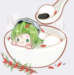  1girl :3 bleach bleach:_sennen_kessen-hen blush_stickers candice_catnipp chibi chibi_only closed_mouth commentary dango deadman70232800 food green_eyes green_hair grey_background hair_between_eyes hat in_bowl in_container long_hair looking_ahead petal_on_head petals simple_background smile solo spoon steam wagashi white_hat 