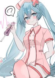  1girl ? absurdres blue_eyes blue_hair blush cardiogram closed_mouth commentary_request crossed_legs double-parted_bangs dress foot_out_of_frame hair_between_eyes hat hatsune_miku highres holding holding_syringe long_hair looking_at_viewer nurse nurse_cap pill pink_dress pink_hat pink_thighhighs ria_art short_dress short_sleeves simple_background sitting smile solo spoken_question_mark syringe thigh-highs twintails very_long_hair vocaloid white_background 