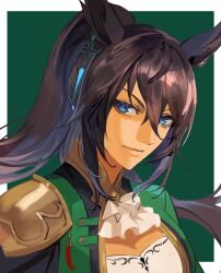  1girl animal_ears bandeau black_hair blue_eyes breasts closed_mouth dark-skinned_female dark_skin earrings green_background green_jacket hair_between_eyes highres horse_ears horse_girl jacket jewelry long_hair long_sleeves looking_at_viewer ponytail portrait simple_background single_earring solo symboli_kris_s_(onyx_soldier)_(umamusume) symboli_kris_s_(umamusume) toryo_(yukhop_961) umamusume white_bandeau 