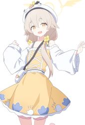  1girl bag bare_shoulders blue_archive brown_hair commentary_request dress eyelashes hair_between_eyes halo handbag hat hifumi_(blue_archive) highres junnatsu long_hair long_sleeves open_mouth simple_background single_sleeve_past_wrist smile solo teeth twintails upper_teeth_only white_background white_bag white_hat yellow_dress yellow_eyes yellow_halo 