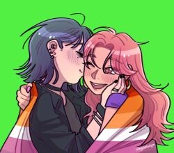  2girls abbyslullaby black_choker black_jacket black_nails blush choker closed_eyes closed_mouth commentary ear_piercing english_commentary green_background hand_on_another's_face highres jacket jewelry kininatteru_hito_ga_otoko_ja_nakatta kiss kissing_cheek koga_mitsuki lesbian_flag long_hair mole mole_under_eye multiple_girls one_eye_closed oosawa_aya piercing pink_eyes pink_hair pink_nails purple_hair purple_shirt ring shirt short_hair simple_background yuri 
