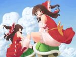  2girls 4joukioto :d bangs bloomers brown_eyes brown_hair clouds commentary_request cookie_(touhou) detached_sleeves dual_persona full_body green_shell_(mario) hakurei_reimu highres kanna_(cookie) long_hair looking_at_viewer multiple_girls open_mouth red_shirt ribbon-trimmed_sleeves ribbon_trim riding round_teeth shirt sidelocks sleeveless sleeveless_shirt smile smiley_face super_mario_bros. teeth touhou underwear white_bloomers white_sleeves 