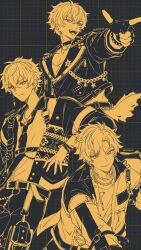  1boy belt_buckle black_gloves bracelet buckle chain choker closed_mouth collared_shirt commentary_request curtained_hair dated earrings ensemble_stars! gloves grin harness highres jewelry long_sleeves looking_at_viewer male_focus multiple_views necktie ogami_koga open_mouth shirt short_hair smile spiked_bracelet spikes star_(symbol) teeth wanta_(wanwanbowwow) zipper_pull_tab 
