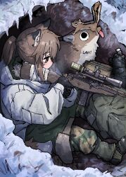  1girl absurdres aiming animal animal_ear_fluff animal_ears black_gloves boots breath brown_eyes brown_hair camouflage coat gloves green_pants gun highres holding holding_gun holding_weapon hood jacket long_sleeves original outdoors pants ponytail rifle scope sitting sniper_rifle snow tail weapon yihan_world 