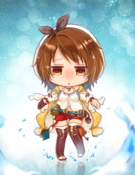  1girl aglio atelier_(series) atelier_ryza beret black_ribbon blue_background blurry blurry_foreground boots bow breasts brown_boots brown_eyes brown_hair clothing_cutout commentary_request cosplay deformed fatal_frame fatal_frame:_maiden_of_black_water full_body gloves gradient_background hat hat_ribbon hood hood_down hooded_jacket jacket jewelry knees_together_feet_apart kozukata_yuuri long_sleeves looking_at_viewer magatama magatama_necklace medium_breasts medium_hair navel necklace official_alternate_costume open-toe_boots open_clothes open_jacket parted_lips pouch red_bow red_shorts reflective_floor reisalin_stout reisalin_stout_(cosplay) ribbon shirt shorts shoulder_cutout side_slit single_glove sleeve_bow standing thigh-highs thigh_boots thigh_gap thigh_pouch two-tone_background water white_background white_hat white_shirt white_thighhighs yellow_jacket 