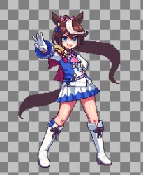  1girl :d absurdres animal_ears apron art_(rtrunl) blue_eyes blue_shirt blue_skirt boots bow brown_hair capelet checkered_background commentary english_commentary epaulettes fake_transparency gloves hair_bow highres horse_ears horse_girl long_hair long_sleeves looking_at_viewer middle_w open_mouth outstretched_arm pink_apron pink_bow pixel_art pleated_skirt ponytail red_capelet shirt single_epaulette skirt smile solo standing tokai_teio_(peak_joy)_(umamusume) tokai_teio_(umamusume) two-tone_shirt two-tone_skirt umamusume w white_boots white_gloves white_shirt 