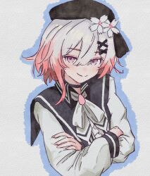  1girl absurdres beret black_choker black_coat black_hat blue_outline chinese_commentary choker closed_mouth coat collared_coat commentary_request crossed_arms flower gradient_hair hair_between_eyes hair_flower hair_ornament hat hat_flower hat_ribbon highres long_sleeves looking_at_viewer mahou_shoujo_no_majo_saiban multicolored_hair neck_ribbon outline paper_texture pink_eyes pink_hair ribbon sakuraba_ema shirt short_hair simple_background sleeveless sleeveless_coat solo superbigneet upper_body white_background white_flower white_hair white_ribbon white_shirt white_sleeves x_hair_ornament 