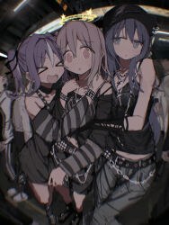  >_< 1boy 2girls 2mai84 :d :o @_@ bare_shoulders belt blue_hair blush brown_eyes chain commentary confused cross cross_necklace crossdressing crossdressing_(mtf) girl_sandwich grey_hair grey_pants hair_between_eyes hand_on_another's_shoulder highres hug indoors jewelry long_hair multiple_girls necklace onii-chan_wa_oshimai! open_mouth pants risachii_(onimai) sandwiched senkawa_minato shiori_(onimai) single_hair_streak smile striped_sleeves trap white_hair xd 