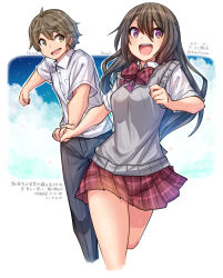 1boy 1girl artist_name black_hair black_pants bow bowtie brown_eyes brown_hair collared_shirt commentary_request cropped_legs grey_sweater hair_between_eyes highres holding_hands kirishima_hayato_(tenkou_saki) nikaidou_haruki ooyama_kina open_mouth pants plaid_bow plaid_bowtie plaid_clothes plaid_skirt pleated_skirt red_bow red_bowtie red_skirt school_uniform shirt skirt smile sweater teeth tenkou_saki_no_seiso_karen_na_bishoujo_ga_mukashi_danshi_to_omotte_issho_ni_asonda_osananajimi_datta_ken translation_request upper_teeth_only violet_eyes white_shirt 