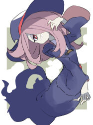  1girl absurdres blue_hat bright_pupils commentary full_body gazacy_(dai) grin hair_over_one_eye hat highres little_witch_academia long_hair long_sleeves looking_at_viewer luna_nova_school_uniform one_eye_covered pale_skin pink_hair purple_hat red_eyes ringed_eyes robe school_uniform sharp_teeth smile solo sucy_manbavaran teeth white_pupils wide_sleeves witch witch_hat 