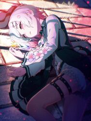  1girl artist_name belt beret black_choker black_coat black_hat center_frills choker coat collared_coat commentary_request cowboy_shot flower flower-trimmed_sleeves frills gradient_hair hair_ornament hat hat_flower hat_ribbon highres kana_ami long_sleeves lying mahou_shoujo_no_majo_saiban multicolored_hair neck_ribbon o-ring o-ring_thigh_strap pink_eyes pink_hair ribbon sakuraba_ema shirt short_hair signature sleeveless sleeveless_coat solo thigh_strap white_flower white_hair white_ribbon white_shirt white_sleeves x_hair_ornament 