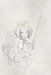  1girl breasts closed_mouth commentary_request dress glaive_(polearm) glowing greyscale halo highres holding holding_polearm holding_weapon kantai_collection kneeling long_sleeves mechanical_halo medium_breasts monochrome neck_ribbon polearm ribbon shoes short_hair simple_background solo spot_color tatsuta_(kancolle) weapon you_(yawnmgmg) 