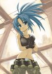  bandolier belt blue_eyes blue_hair explosive gloves grenade highres kanosamu king_of_fighters leona_heidern midriff navel ponytail snk tank_top 