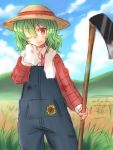  dirty dirty_face farm flower green_hair hat hoe kazami_yuuka mokku mountain overalls plaid red_eyes short_hair smile straw_hat sun_hat sunflower touhou towel_on_shoulders wink wiping wiping_face worktool 