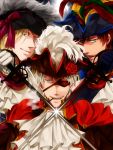  axis_powers_hetalia blonde_hair brown_hair cravat eyepatch flower france_(hetalia) hat kamu kamu_(camui) male multiple_boys pirate prussia_(hetalia) rapier red_eyes rose spain_(hetalia) sword tricorne weapon 