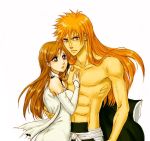  1boy 1girl bleach brown_eyes brown_hair closed_mouth couple hand_on_another&#039;s_chest inoue_orihime kurosaki_ichigo long_hair orange_hair shirtless simple_background torn_clothes white_background 