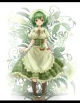  1girl alternate_costume apron breasts checkered_dress dress enmaided flower green_dress green_hair green_rose highres kazami_yuuka large_breasts letterboxed looking_at_viewer maid maid_headdress puffy_sleeves red_eyes rose shironeko_yuuki shirt short_hair short_sleeves smile solo touhou vines waist_apron wrist_cuffs 