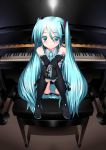  aqua_hair detached_sleeves hatsune_miku highres instrument long_hair microphone necktie panties pantyshot piano piano_bench sitting striped striped_panties suzume_inui thigh-highs thighhighs twintails underwear vocaloid 