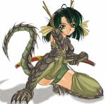 claws green_eyes green_hair katana lizardman monster_girl scales sword tail weapon
