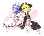  2girls back_bow black_headwear black_ribbon black_skirt black_vest blonde_hair bloomers blue_eyes blue_hair bobby_socks bow collared_vest dress fedora frilled_dress frills hat hat_bow mai_(touhou) medium_hair multiple_girls necktie nonamejd puffy_short_sleeves puffy_sleeves ribbon shirt short_hair short_sleeves simple_background sitting skirt socks touhou underwear vest white_background white_bow white_dress white_legwear white_necktie white_ribbon white_shirt yellow_eyes yuki_(touhou) zun_(style) 