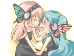  alternate_hairstyle blue_eyes blue_hair butterfly_hair_ornament butterfly_wings chibi dress hair_ornament hand_holding happy hatsune_miku headset holding_hands long_hair magnet_(vocaloid) megurine_luka momiji_rou multiple_girls pink_hair vocaloid wallpaper wings yuri 