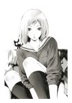  cat female flcl highres kneehighs lips monochrome neko samejima_mamimi school_uniform seifuku serafuku short_hair sitting skirt socks stockings takkun 