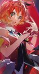  1girl blonde_hair blush colored_tips dress freyja_wion green_eyes hair_ornament heart heart_hair_ornament highres looking_at_viewer macross macross_delta majiro_(mazurka) multicolored_hair open_mouth orange_hair red_dress red_ribbon ribbon short_hair short_sidetail sleeveless sleeveless_dress smile solo w 