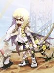  1girl animal blonde_hair bow_(weapon) braid brown_cloak brown_eyes cloak closed_mouth dust dust_cloud grey_hair highres holding holding_weapon hood hood_down hooded_cloak inkling inkling_girl long_hair multicolored_hair outdoors plant rock sand sanshouuo shirt shoes short_shorts shorts sneakers splatoon_(series) splatoon_3 standing suction_cups t-shirt tentacle_hair torn torn_cloak torn_clothes torn_shirt two-tone_hair weapon white_footwear wind 