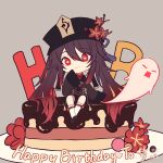  1girl bangs black_headwear brown_hair cake chibi chinese_clothes chinese_commentary chocolate closed_mouth collared_shirt colored_tips commentary_request fan_(blackpanda) flower food genshin_impact ghost grey_background hair_between_eyes happy_birthday hat hat_flower highres hu_tao_(genshin_impact) long_hair looking_at_viewer multicolored_hair porkpie_hat red_eyes red_flower seiza shirt shoes simple_background sitting sitting_on_food sleeves_past_fingers sleeves_past_wrists smile socks solo symbol-shaped_pupils twintails very_long_hair white_socks 