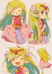  1girl artist_name back belt blonde_hair blue_eyes blush curtsey dress floating_hair gloves highres jewelry long_dress long_hair looking_at_viewer multicolored_hair multiple_persona necklace pink_dress princess_zelda skirt_hold the_legend_of_zelda the_legend_of_zelda:_spirit_tracks the_legend_of_zelda:_the_wind_waker tiara tokuura 