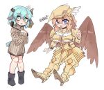  2girls :d animal_ears armor armored_boots bangs bird_wings black_footwear black_souls blue_eyes boots breasts broken_horn brown_horns brown_wings cleavage_cutout clothing_cutout cow_ears cow_horns dress ear_tag faulds feathered_wings flat_chest flying_sweatdrops full_body furrowed_brow green_eyes griffy_(black_souls) hair_between_eyes hand_up hands_up helmet high_heels holding holding_ladle horns korean_text ladle light_blue_hair long_sleeves medium_breasts mock_turtle_(black_souls) multiple_girls musical_note nyong_nyong open_mouth orange_hair pauldrons ribbed_dress short_hair shoulder_armor simple_background smile sweater sweater_dress turtleneck under_boob underboob_cutout v-shaped_eyebrows white_background winged_helmet wings yellow_armor yellow_headwear 