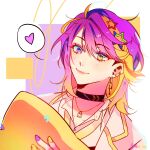  1boy aster_arcadia blonde_hair choker closed_mouth earrings facing_to_the_side heart heterochromia highres jewelry long_sleeves looking_down male_focus monori multicolored_hair nail_polish necklace nijisanji nijisanji_en purple_hair solo star_(symbol) violet_eyes virtual_youtuber white_background yellow_eyes 