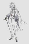  1girl a9712mob alternate_costume arknights bangs boots cane coat full_body gladiia_(arknights) gloves greyscale hat high_heel_boots high_heels highres monochrome pointy_ears profile simple_background sketch solo 
