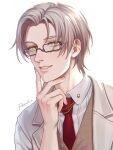  1boy :d artist_name bang coat collared_shirt fingernails glasses grin highres looking_at_viewer male_focus mole mole_under_eye necktie open_mouth red_necktie rezoeline shirt short_hair simple_background smile solo tears_of_themis teeth vyn_richter_(tears_of_themis) white_background white_coat white_hair white_shirt yellow_eyes 