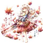  1girl autumn_leaves bare_shoulders barefoot blue_sleeves blush breasts character_name detached_sleeves dress full_body hair_between_eyes hidden_star_in_four_seasons highres holding holding_weapon large_breasts leaf link163353 long_hair maple_leaf multicolored_clothes multicolored_dress nata_(tool) open_mouth red_eyes sakata_nemuno simple_background single-shoulder_dress single_strap smile solo touhou weapon white_background white_hair 