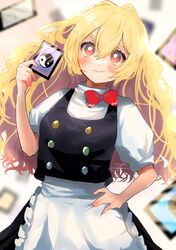  100th_black_market 1girl absurdres apron black_skirt black_vest blonde_hair blush card closed_mouth hair_between_eyes hand_on_hip highres holding holding_card kirisame_marisa long_hair orange_eyes shirt short_sleeves signature skirt smile solo touhou uchisaki_himari upper_body vest white_apron white_shirt 