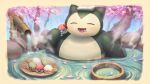  :d cherry_blossoms closed_eyes dated food highres ho-oh_(artist) onsen open_mouth petals petals_on_liquid poke_ball pokemon pokemon_(creature) smile snorlax solo steam teeth towel towel_on_head translation_request water 