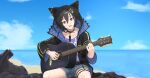  1boy absurdres animal_hood black_hair choker denim denim_shorts guitar hair_between_eyes highres holostars hood instrument kanade_izuru kuon_bb music open_mouth playing_instrument shorts sitting solo spiked_choker spikes thigh_strap violet_eyes virtual_youtuber 