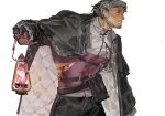 1boy arknights blood blood_on_face breasts character_request cuts gloves grey_hair highres holding holding_lantern injury jacket lantern looking_to_the_side male_focus old old_man shirt short_hair solo torn_clothes torn_shirt white_background xxkou-0- 