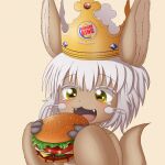  1other :3 androgynous animal_ears burger burger_king eating fangs food furry highres holding holding_food horizontal_pupils ketchup lettuce looking_at_food made_in_abyss nanachi_(made_in_abyss) open_mouth other_focus paper_crown rabbit_ears smugbuns solo tail tomato_slice whiskers white_hair yellow_background yellow_eyes 