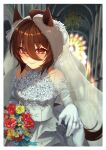  1girl agnes_tachyon_(umamusume) ahoge alternate_costume animal_ears bangs bare_shoulders blurry blurry_background blurry_foreground blush bouquet breasts bridal_gauntlets brown_hair chandelier church closed_mouth clothing_cutout dress emil1030_blue hair_between_eyes highres holding holding_bouquet holding_hands horse_ears indoors jewelry looking_at_viewer medium_breasts pov pov_hands ring shoulder_cutout smile umamusume upper_body wedding_dress white_dress 