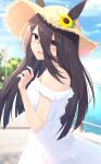  1girl :d absurdres animal_ears black_hair blurry blurry_background brown_eyes commentary_request day decision5021 dress ears_through_headwear hair_between_eyes hat highres horse_ears horse_girl long_hair looking_at_viewer manhattan_cafe_(umamusume) outdoors smile solo strapless strapless_dress straw_hat sundress umamusume white_dress 