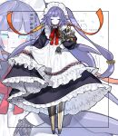 1boy 1girl absurdres alternate_costume android apron bangs blue_eyes blush closed_eyes clothes_lift dress duel_monster enmaided galatea_the_orcust_automaton girsu_the_orcust_mekk-knight highres long_dress long_hair maid maid_apron maid_headdress mechanical_arms mechanical_hands mechanical_legs purple_hair ribbon skirt skirt_lift sugomori_tsuru_(artist) yu-gi-oh!